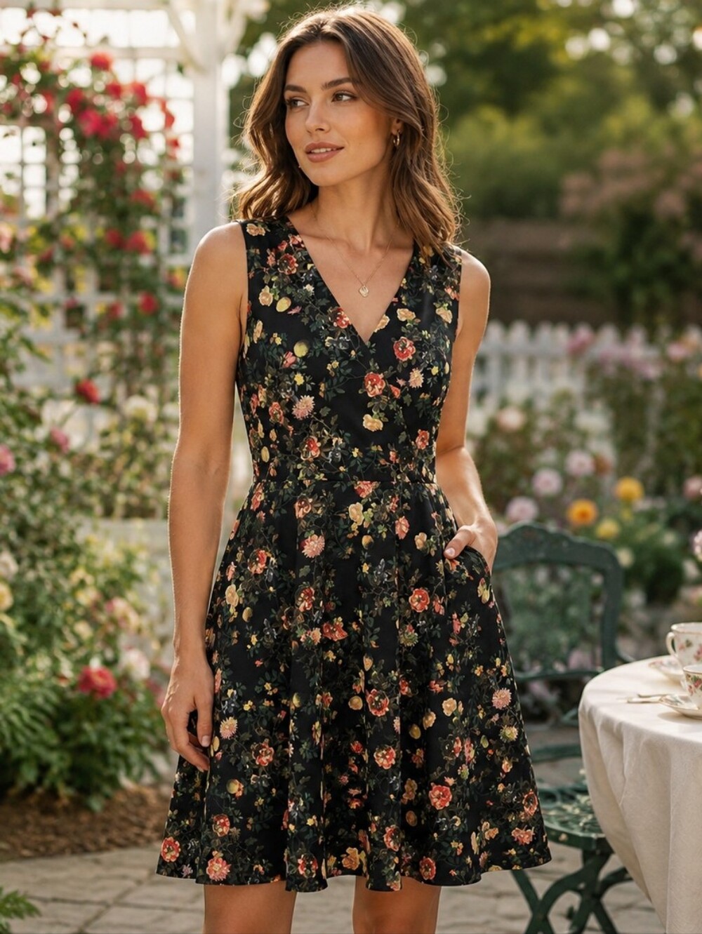 Floral V-Neck Sleeveless Black Dress